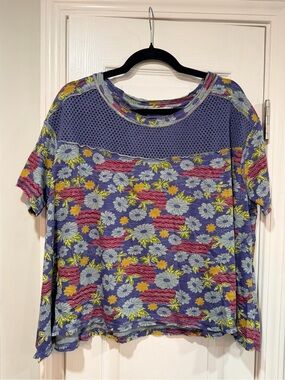 NWOT We The Free Size S Floral Crochet Panel Boho Top Cotton Short Sleeve Flowy